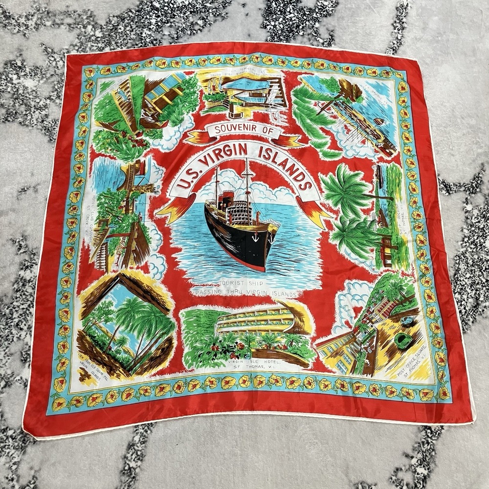Vtg U.S.‎ Virgin Islands Souvenir Scarf 100% Polyester Red Travel Tourist Print